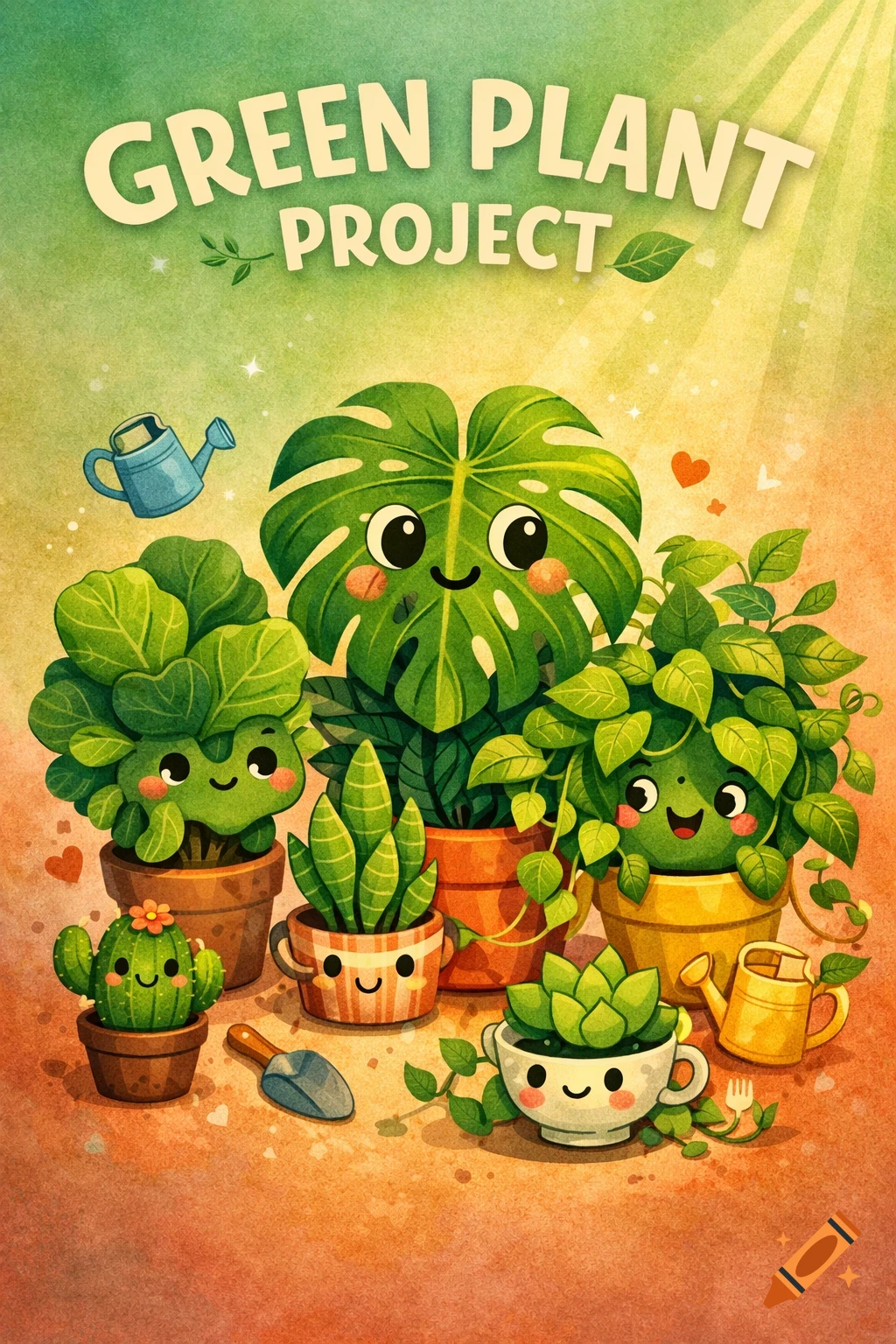 Watercolor illustration of smiling, cartoon potted plants and gardening tools under text 'GREEN PLANT PROJECT' on a green-orange background.