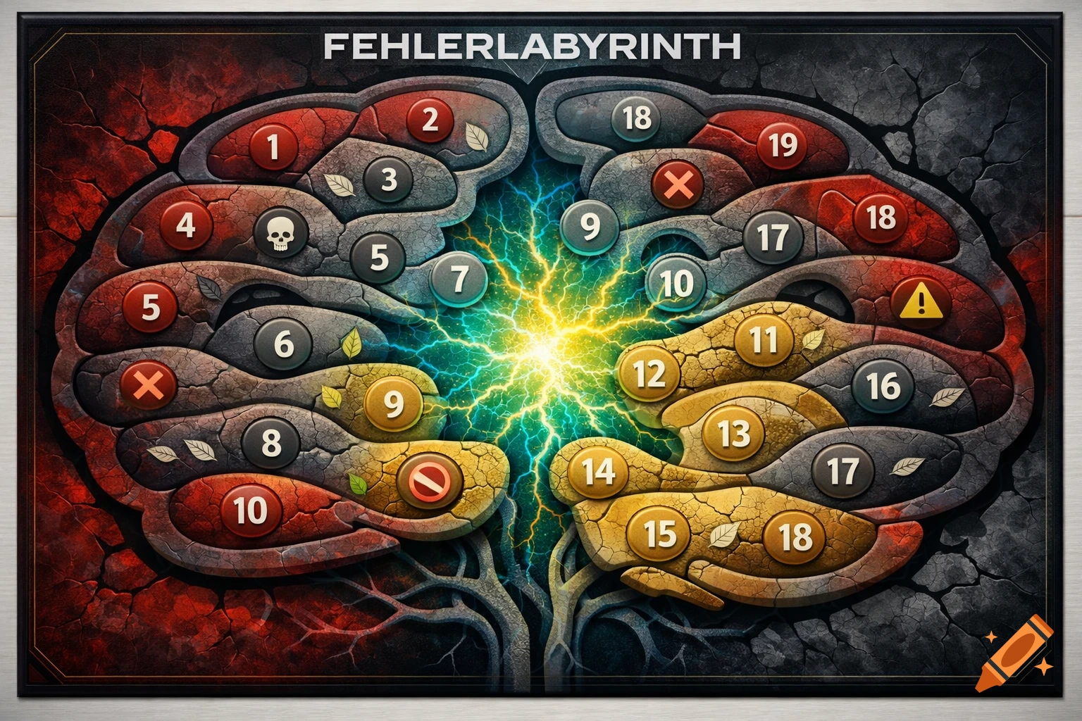 Top-down view of a fantasy board game titled "FEHLERLABYRINTH," featuring a brain-like path with numbered fields, symbols, and glowing electricity.