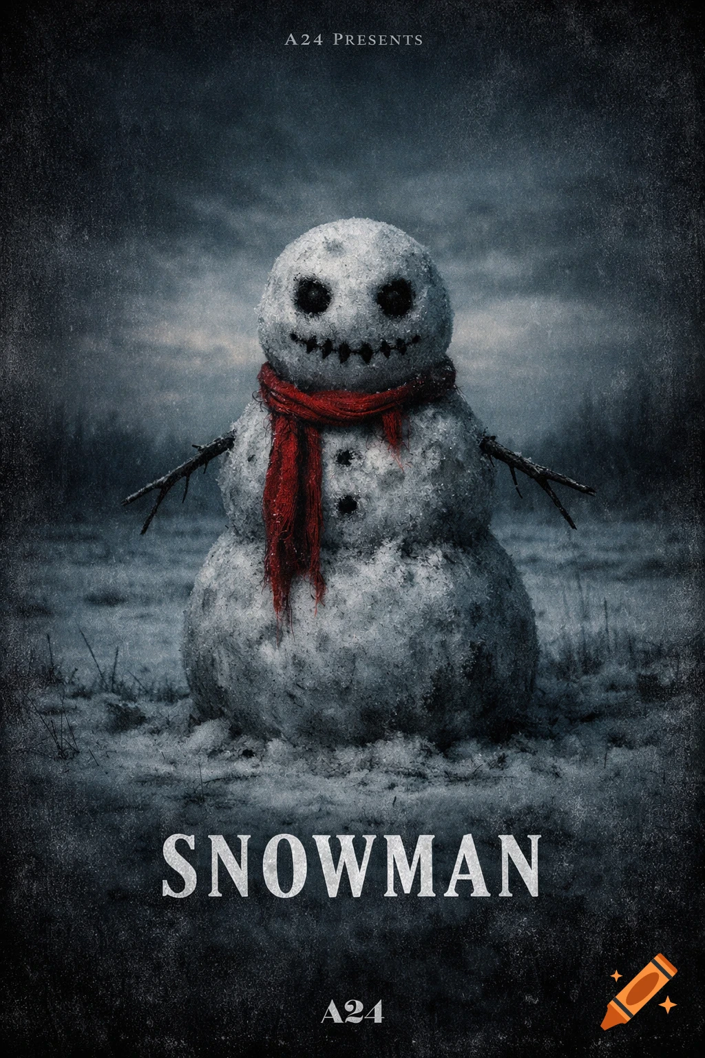 A dark and gritty horror movie poster for "Snowman" featuring a creepy snowman with black eyes, a stitched mouth, and a red scarf, standing in a snowy field.