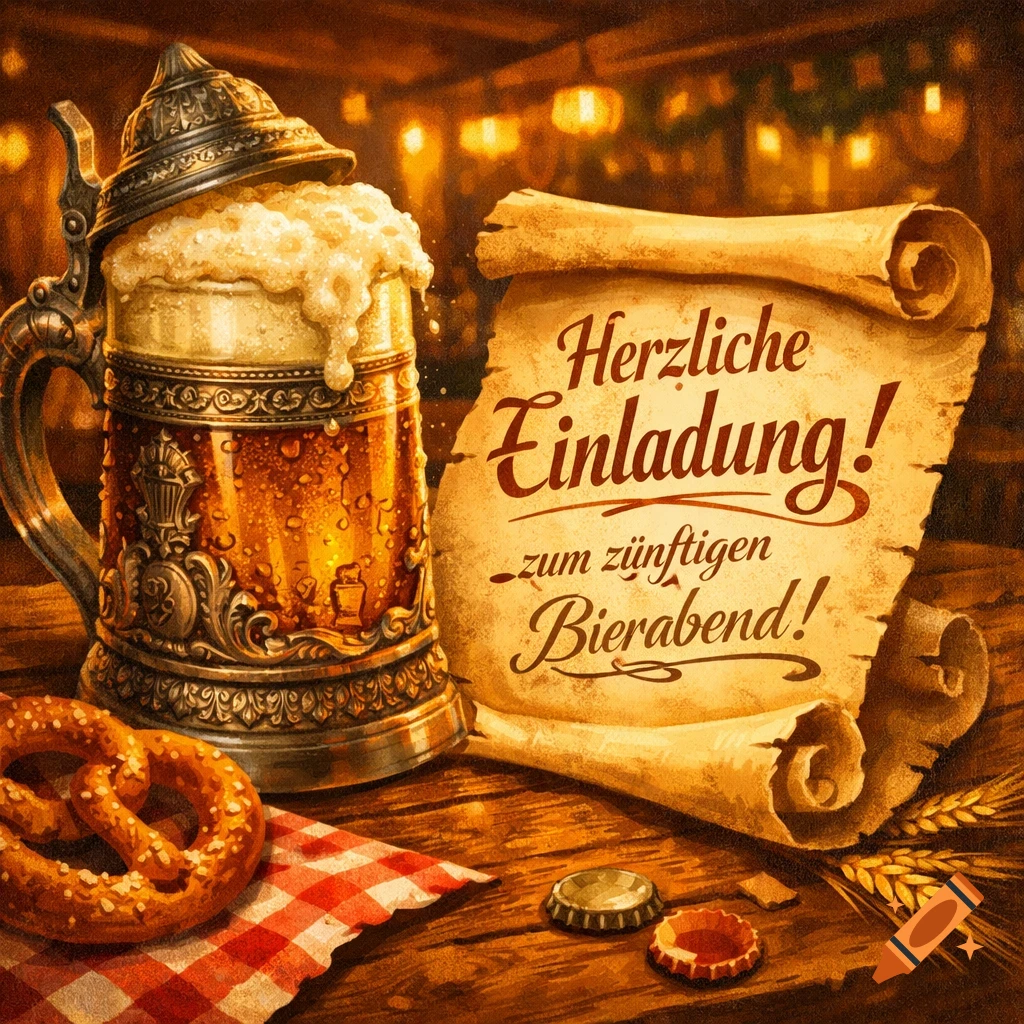 An ornate beer stein filled with frothy beer sits next to an old scroll with German text "Herzliche Einladung! zum zünftigen Bierabend!" A pretzel and bottle caps are on a wooden table, with warm tavern lights in the background, in a painted style.