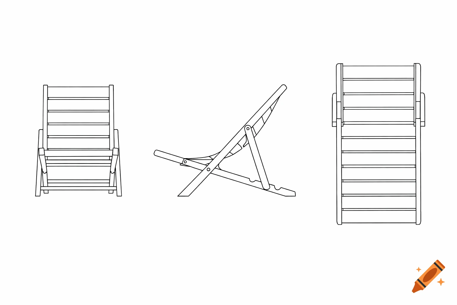 Technical line drawing showing front, reclined side, and top orthographic views of a Tel Aviv beach chair.