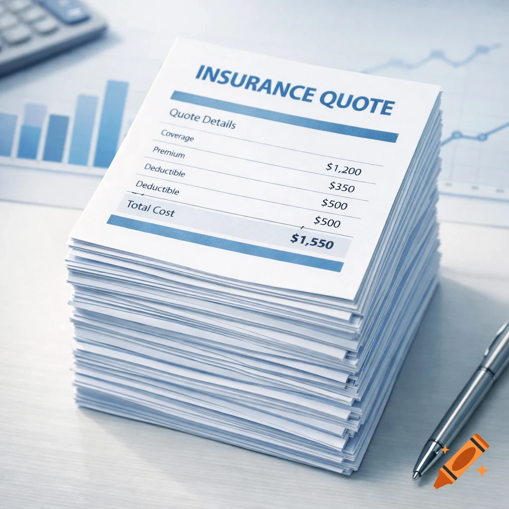 A stack of insurance quote sheets on a desk with a calculator and pen in the background, photorealistic style.