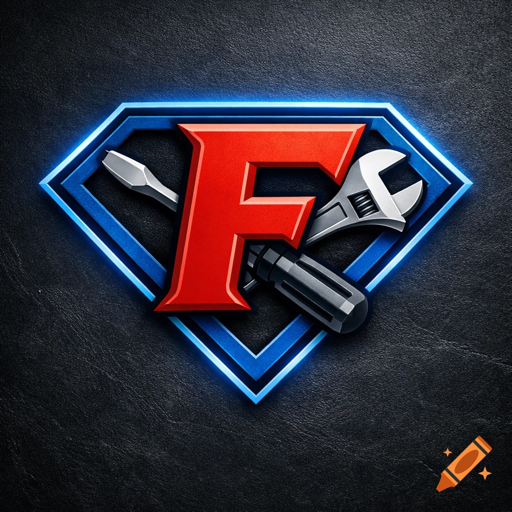 A red letter F in a blue superhero diamond emblem, with a screwdriver and wrench crossing behind it, on a dark textured background.