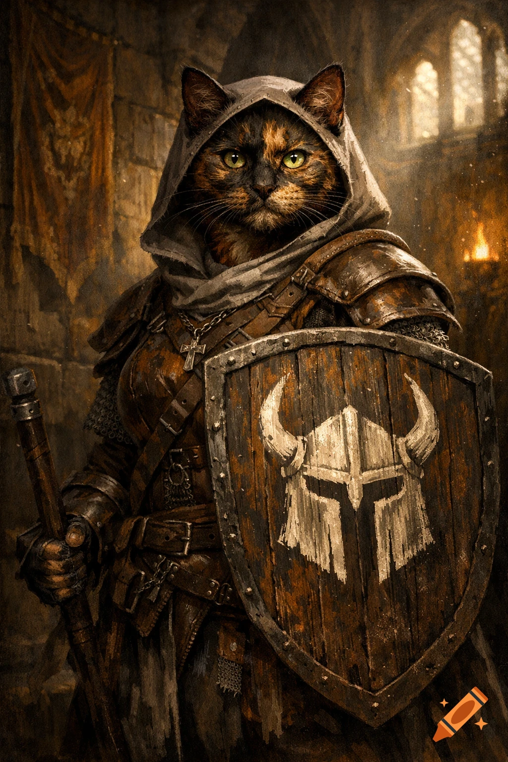 A majestic tortoiseshell cat in cleric's leather armor holds a shield with a helmet symbol and a staff in a dark, atmospheric fantasy setting.