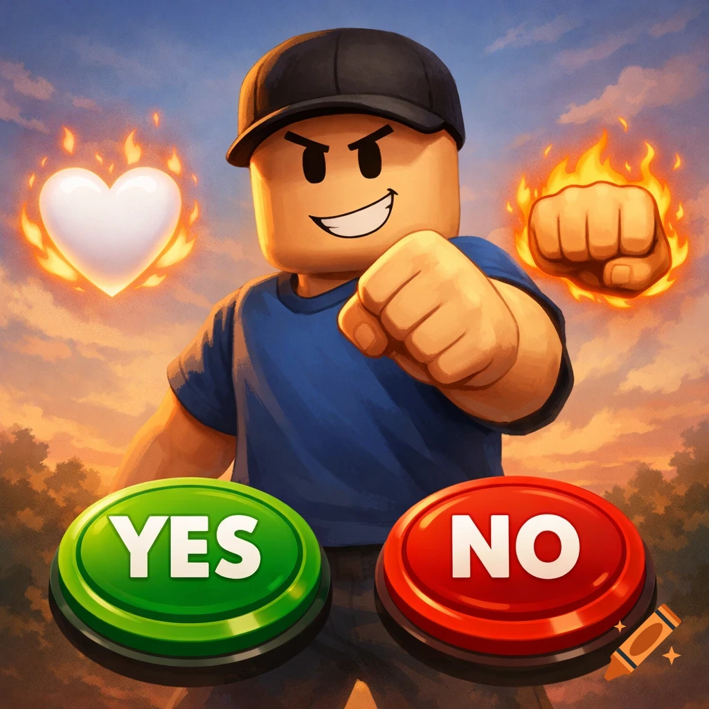 A determined Roblox character with a glowing heart and fiery fist, above green 'YES' and red 'NO' buttons, under a sunset sky.
