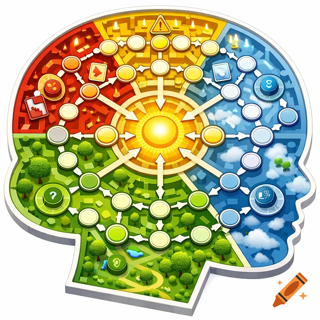A colorful board game shaped like a human head, divided into red, yellow, blue, and green zones with paths, symbols, and a radiant golden center.
