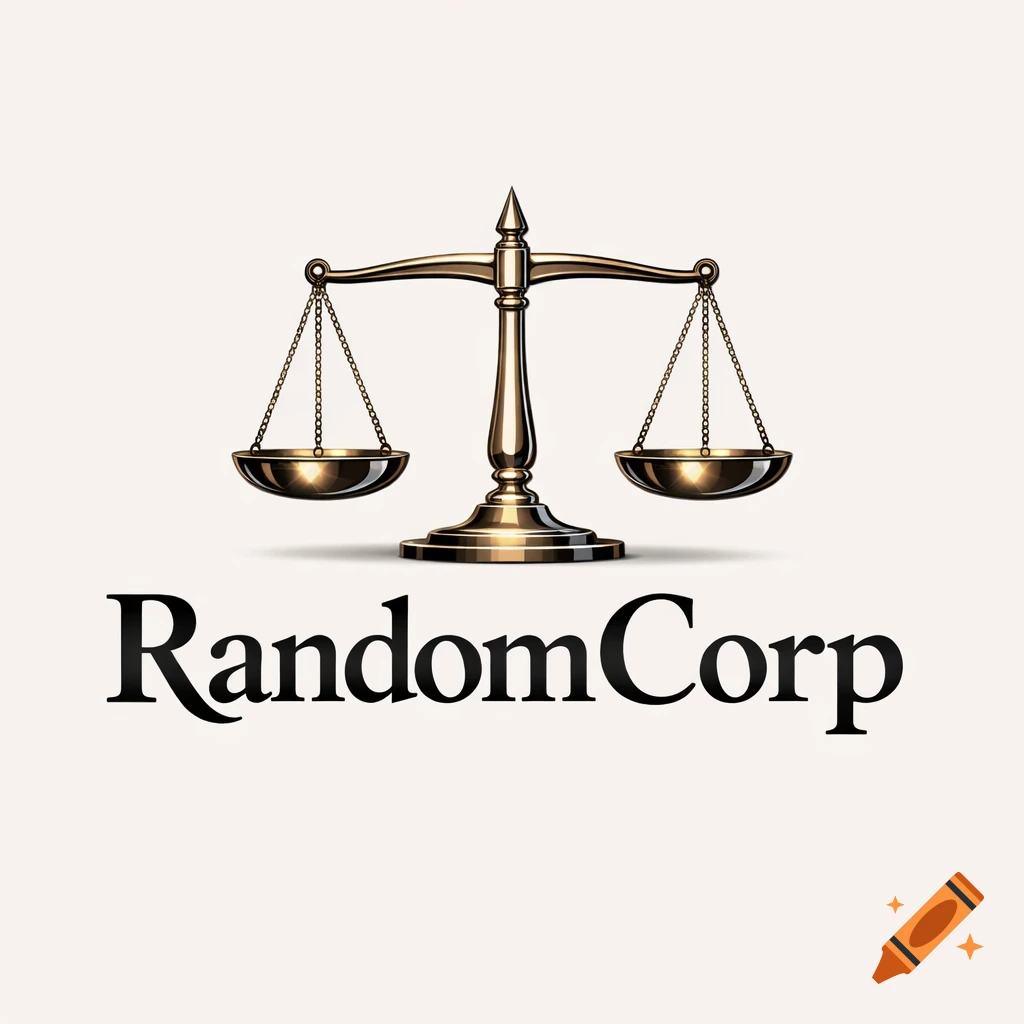 A corporate logo featuring golden scales above the black text 'RandomCorp' on a light background.