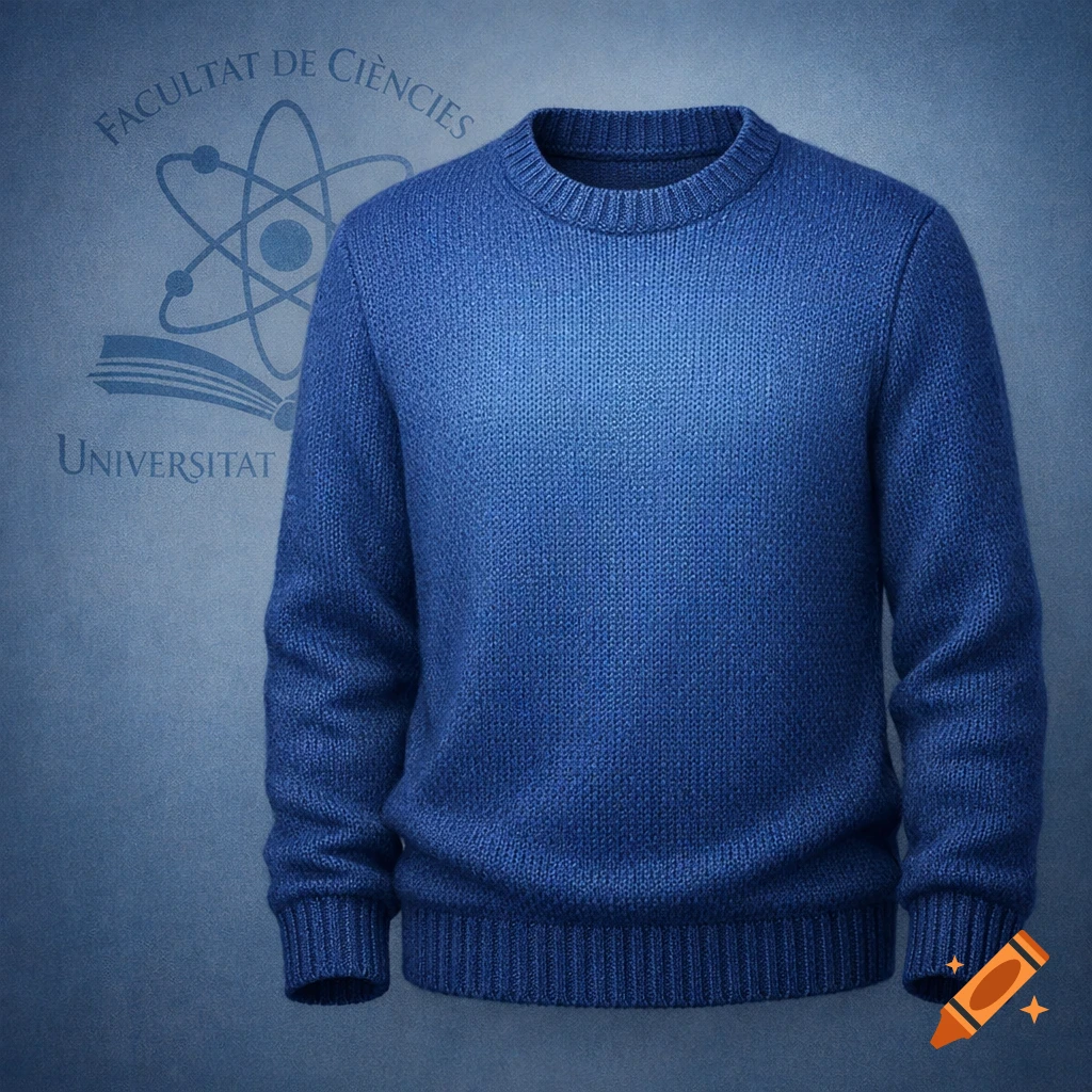 A blue knitted crewneck sweater displayed against a dark blue background with a faint university science logo.