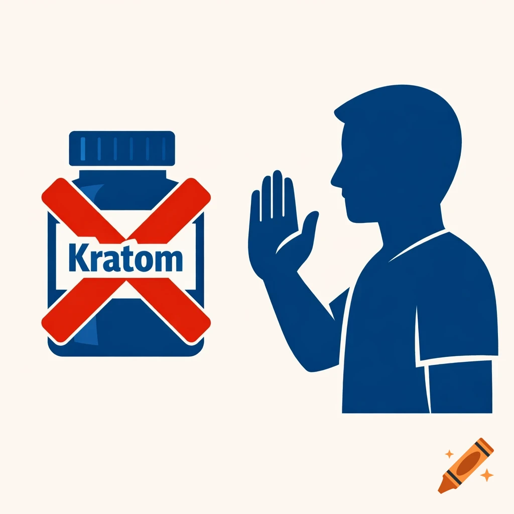 An illustration of a blue bottle labeled 'Kratom' with a red X over it, next to a blue silhouette of a person raising a stop hand.