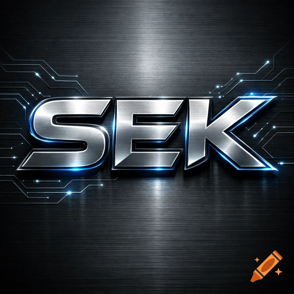 Sleek 3D metallic text 'SEK' with blue glowing outlines on a dark brushed metal background with circuit patterns.