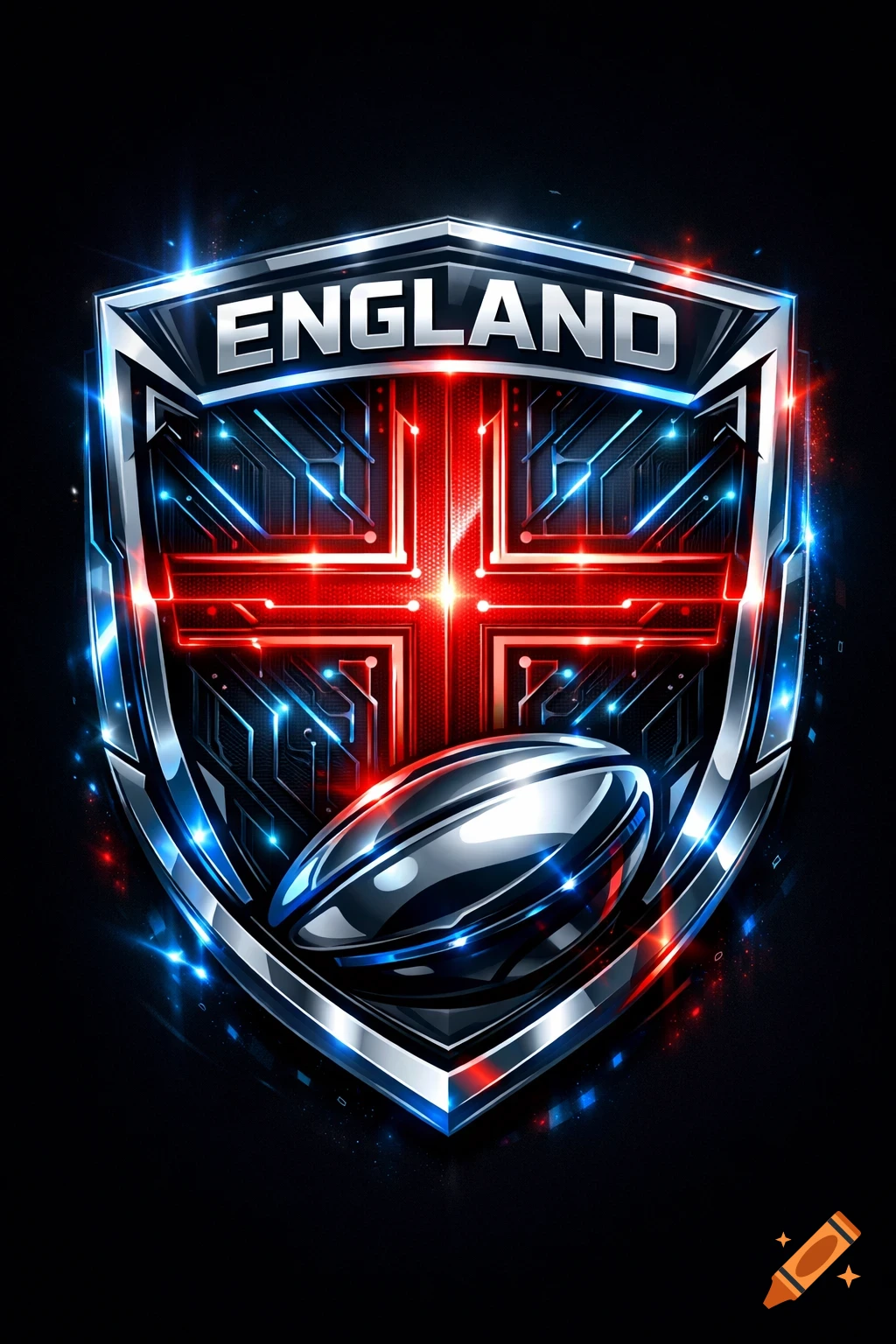 Futuristic metallic England rugby emblem with a glowing red cross, circuit patterns, and a chrome rugby ball on a black background.