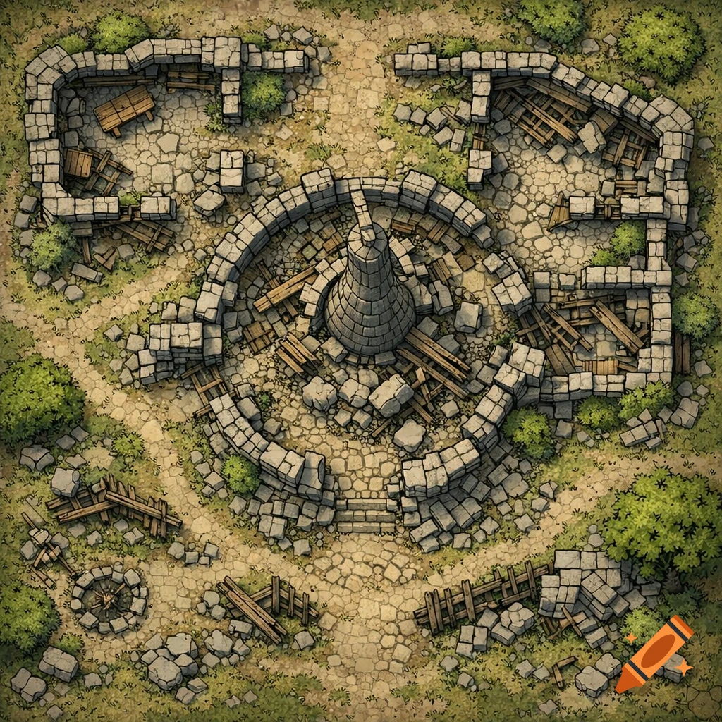 Overhead map of an abandoned stone watchtower ruin with broken walls, scattered rubble, and overgrown paths in a stylized D&D map style.
