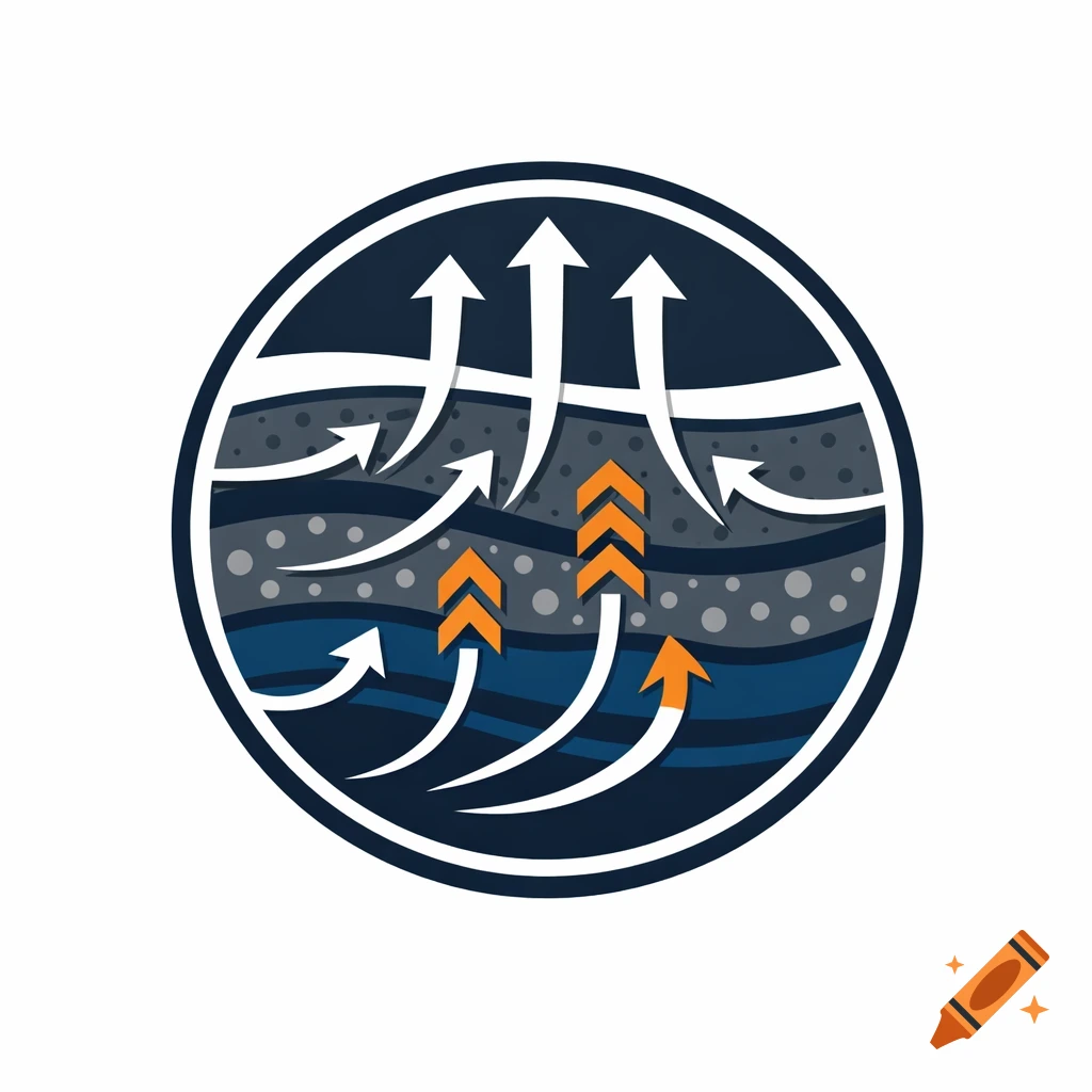 Circular logo showing underground layers with white and orange arrows indicating upward and downward flow.