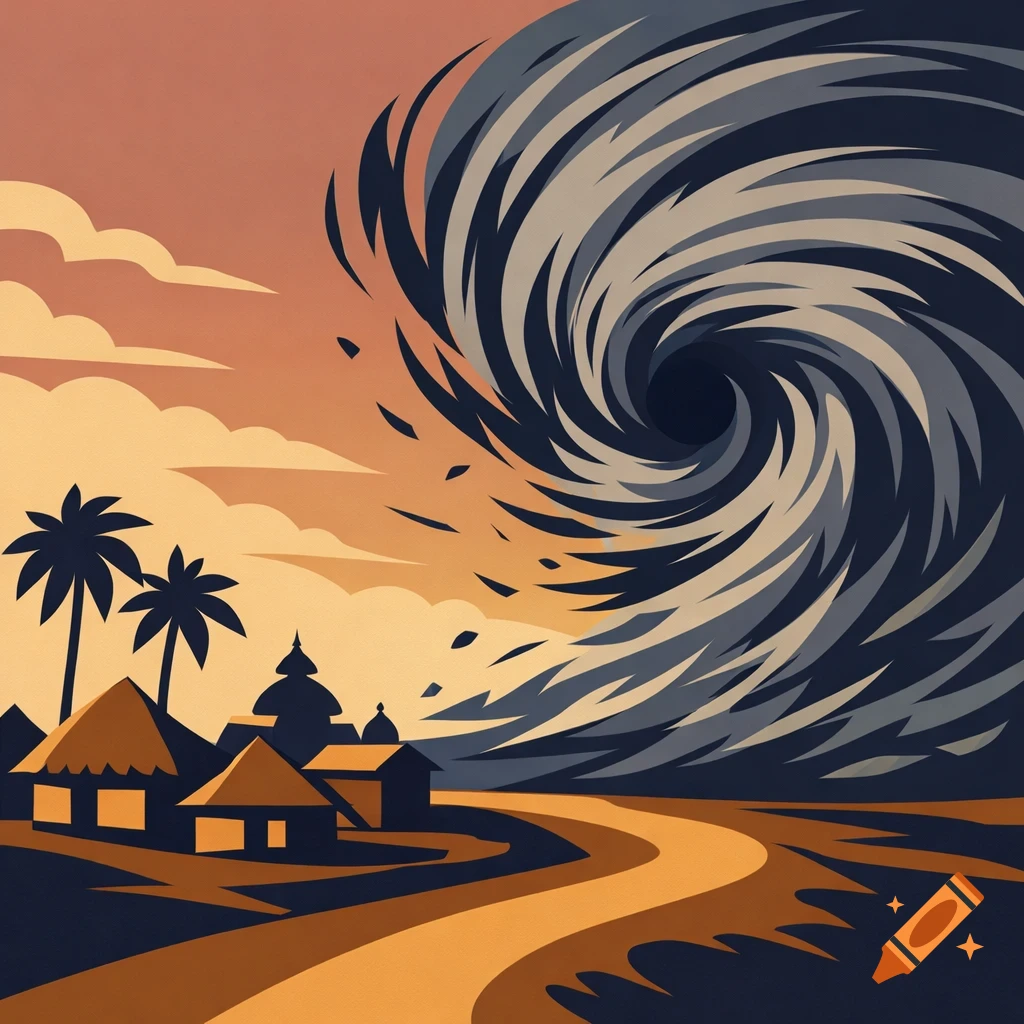 Stylized illustration of a large cyclone swirling over a village with palm trees and houses under an orange sky.