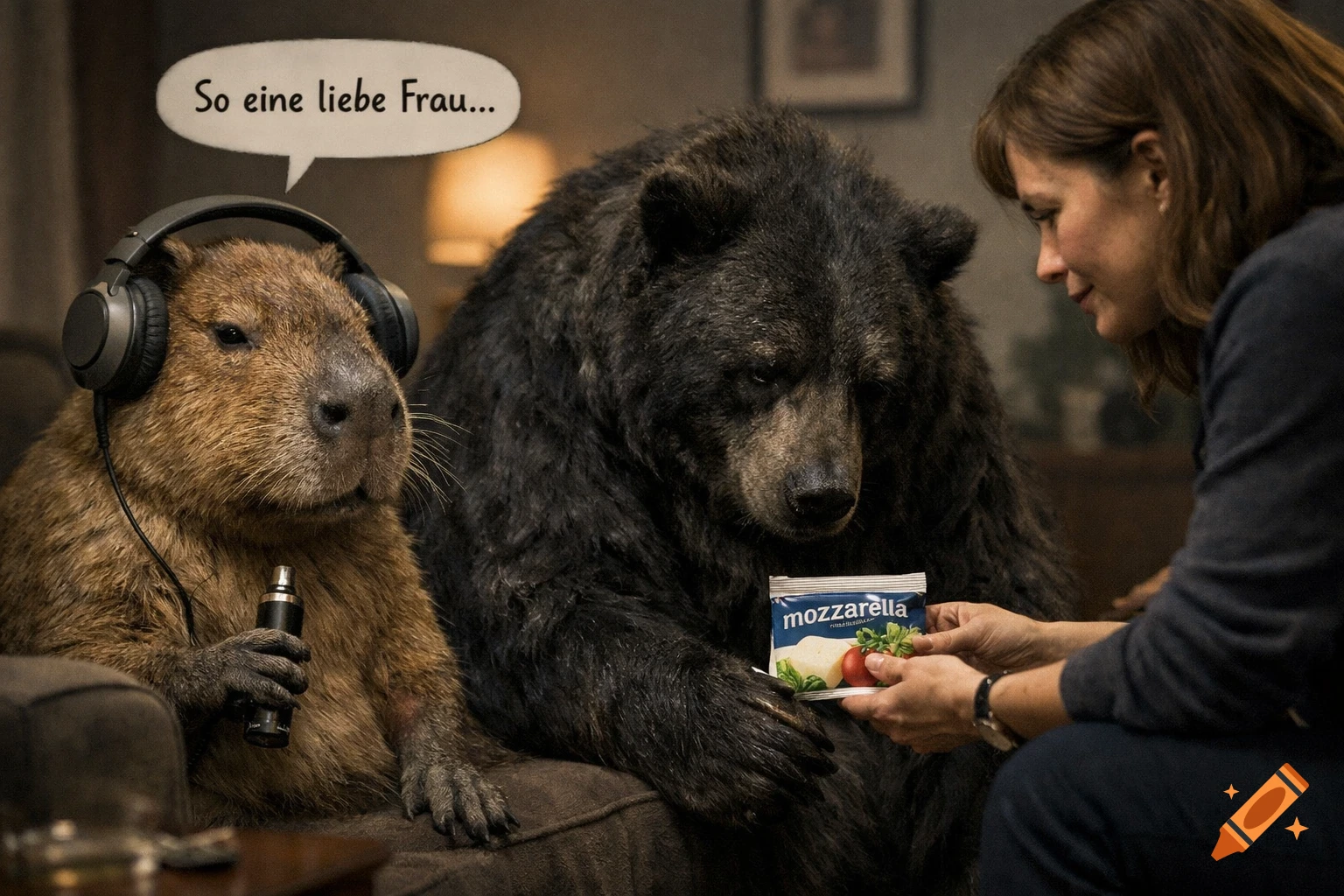 Photorealistic image of a capybara with headphones and a vape, a sad bear, and a woman offering mozzarella.