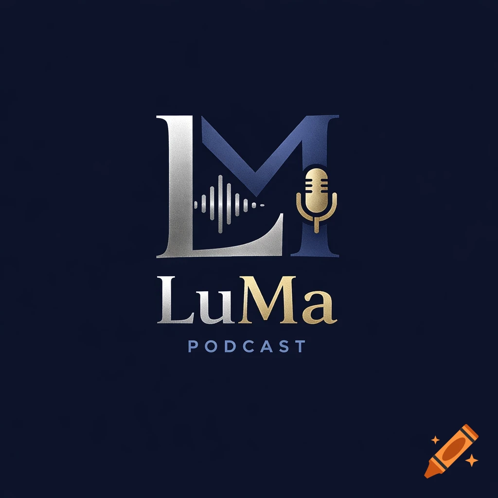 Stylized silver 'L' and gold 'M' form a podcast logo with sound waves and a microphone, with the text 'LuMa PODCAST'.