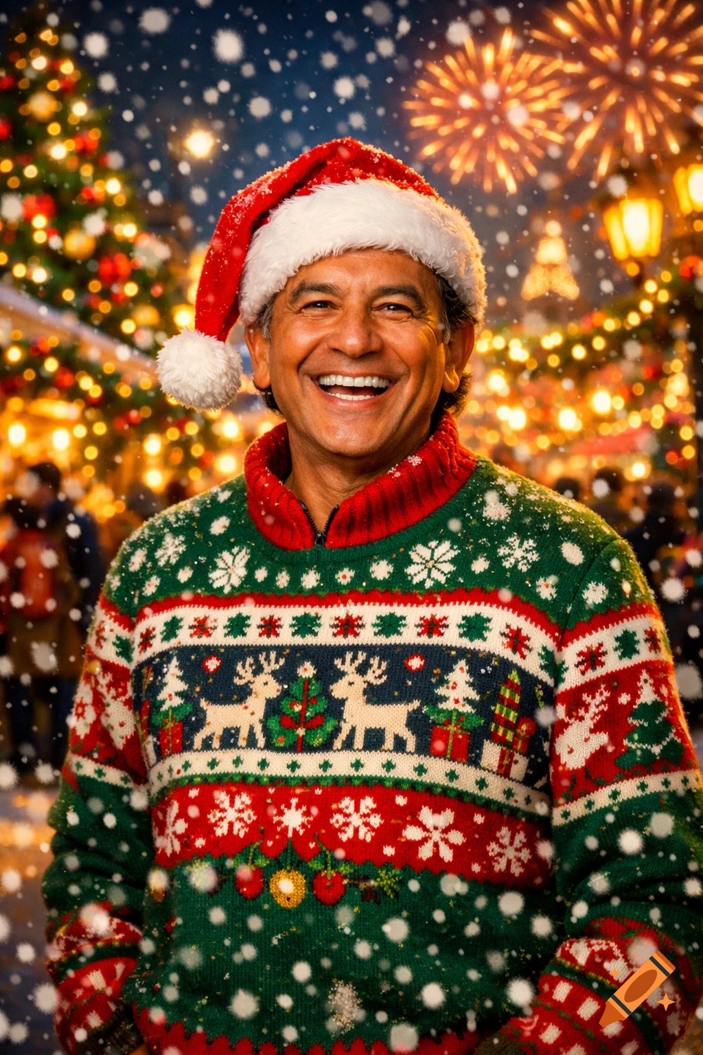 Smiling man in a red and green Christmas sweater and Santa hat, with a festive, snowy holiday market and fireworks.