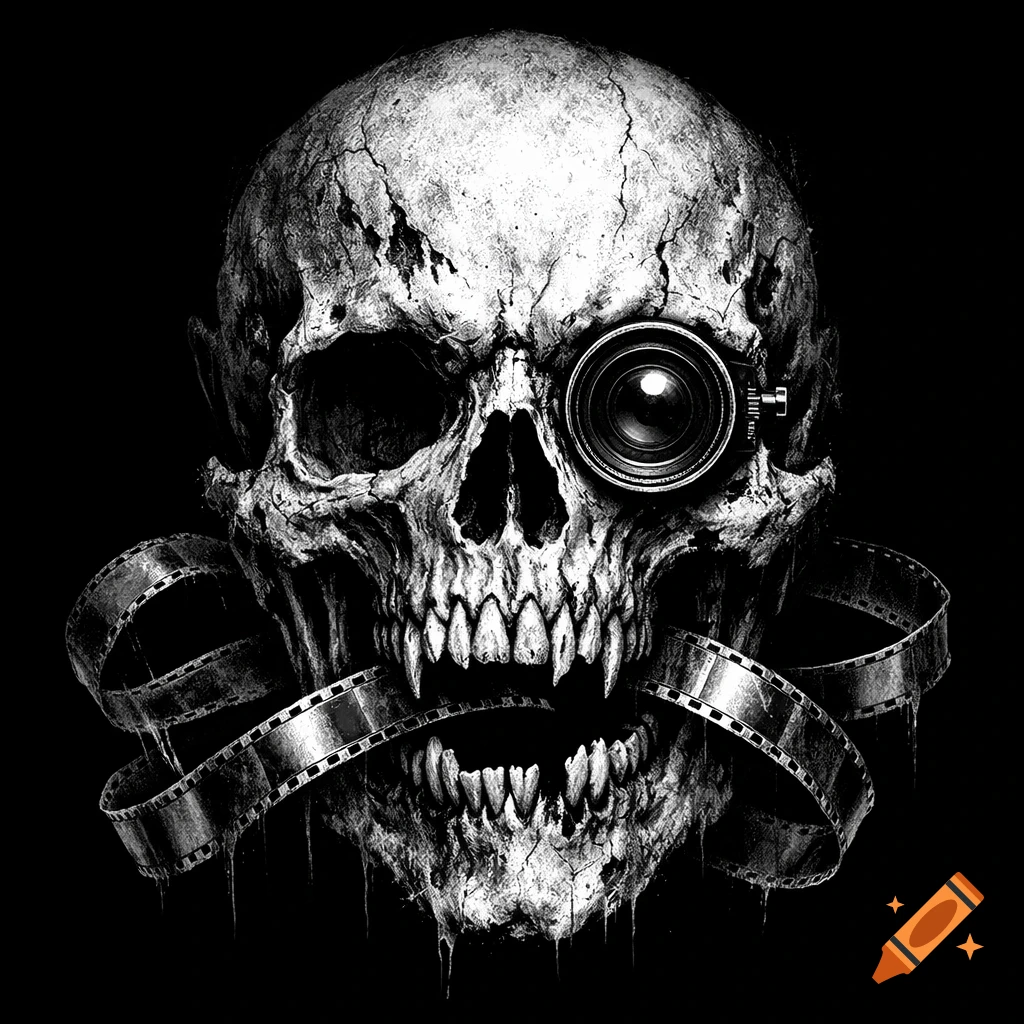 A decaying, cracked skull, with a camera lens for an eye, grips a film strip in its jaw against a black background.