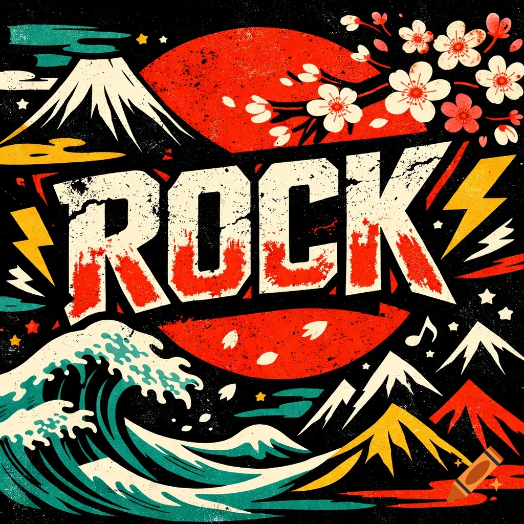 Graphic design for 'ROCK' with Japanese elements like Mount Fuji, cherry blossoms, and a great wave, in a distressed pop art style.