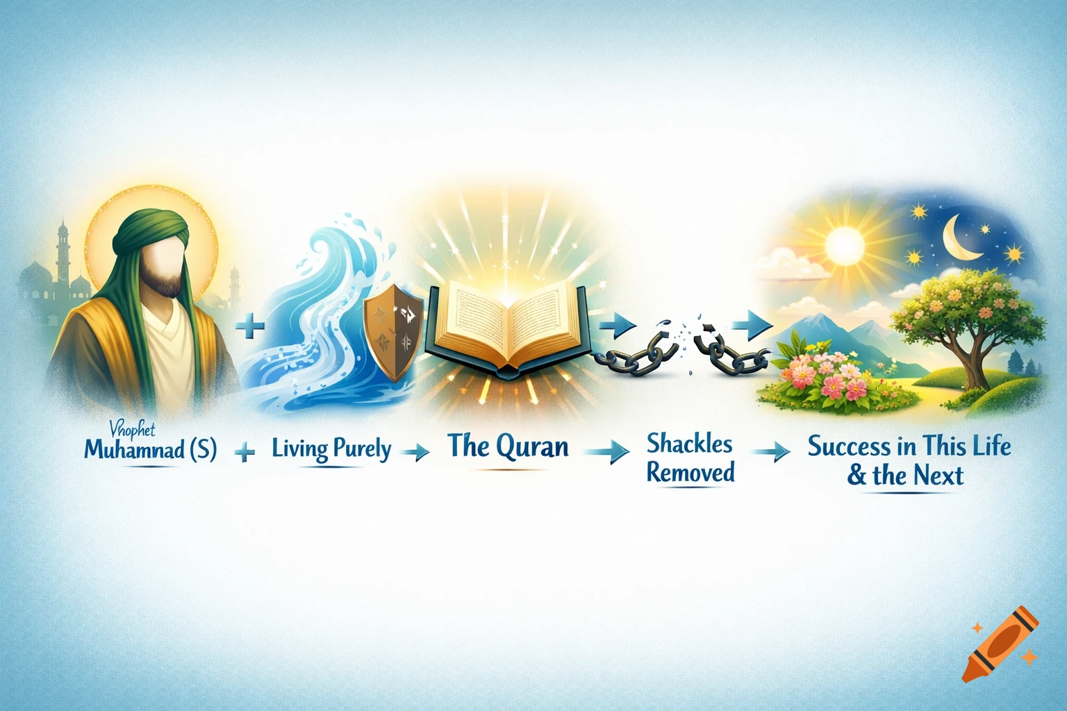 An infographic on a light blue background depicts the equation: Prophet Muhammad (S) + Living Purely + The Quran ">" Shackles Removed ">" Success in This Life & the Next.