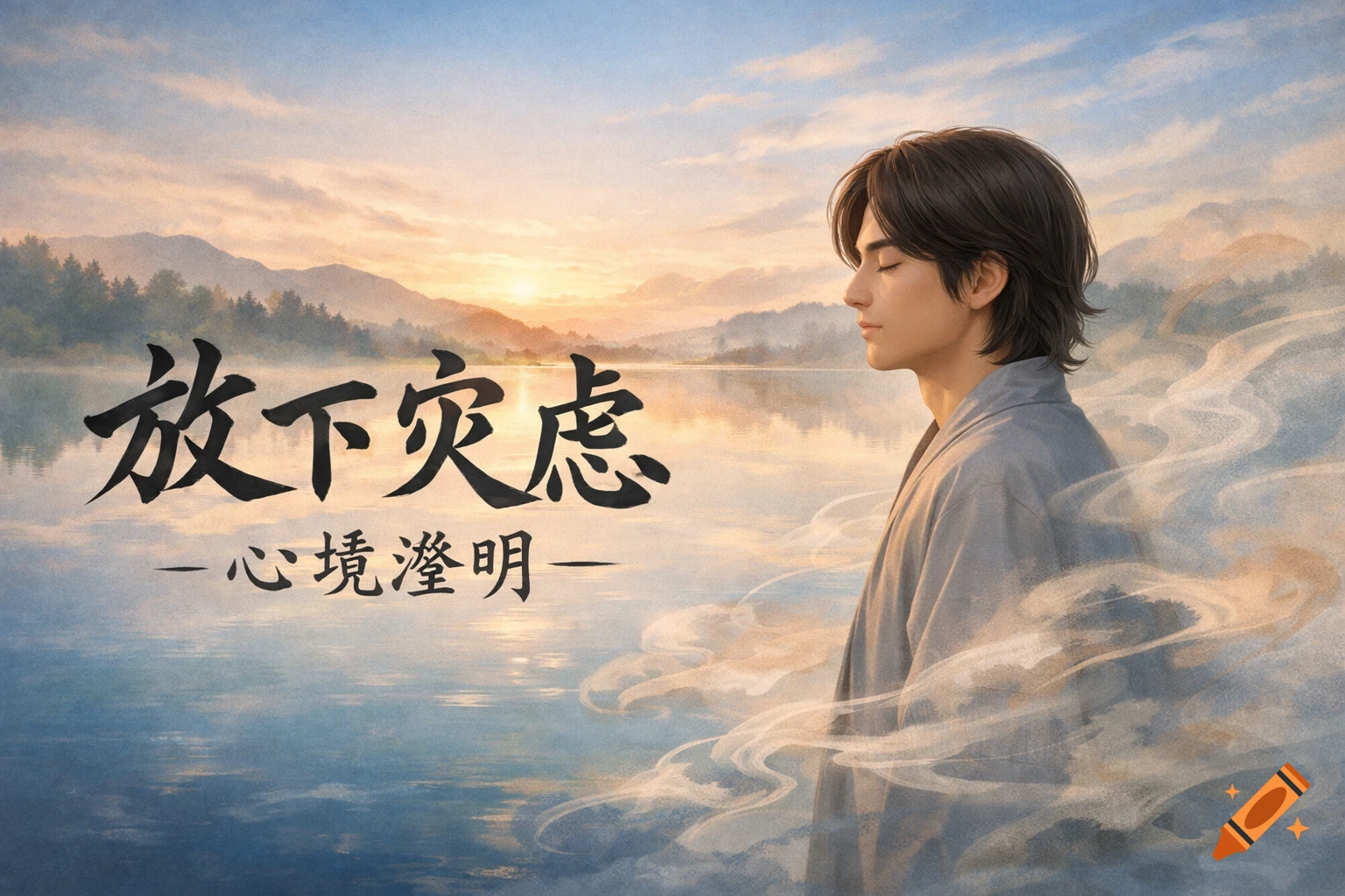 A serene man meditates with closed eyes by a tranquil lake at sunset, surrounded by flowing mist, with Chinese text on the left.