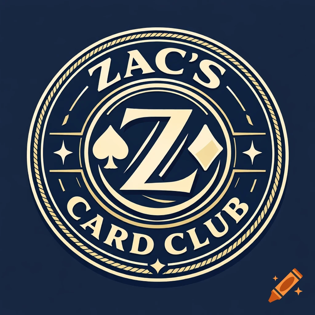 A navy and gold circular logo for 'Zac's Card Club' with a large Z monogram, a spade, and a diamond playing card suit.