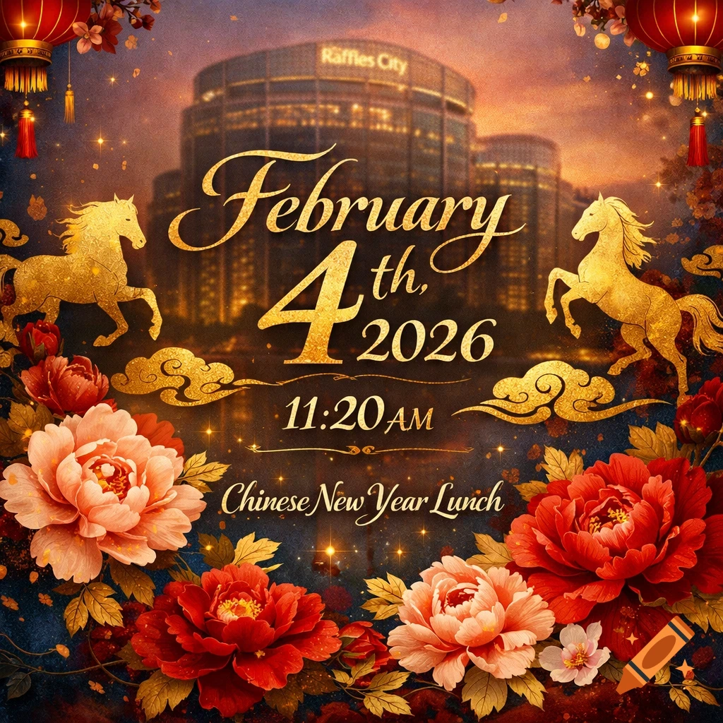 A vibrant Chinese New Year lunch invitation for February 4, 2026, 11:20 AM at Raffles City, featuring golden horses, red lanterns, and peonies.