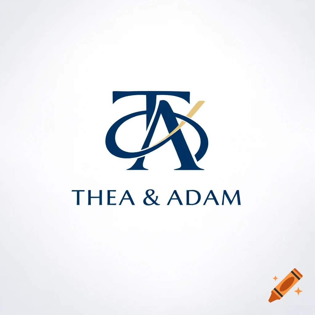 A dark blue and gold intertwined 'TA' monogram logo above the text "THEA & ADAM" on a white background.