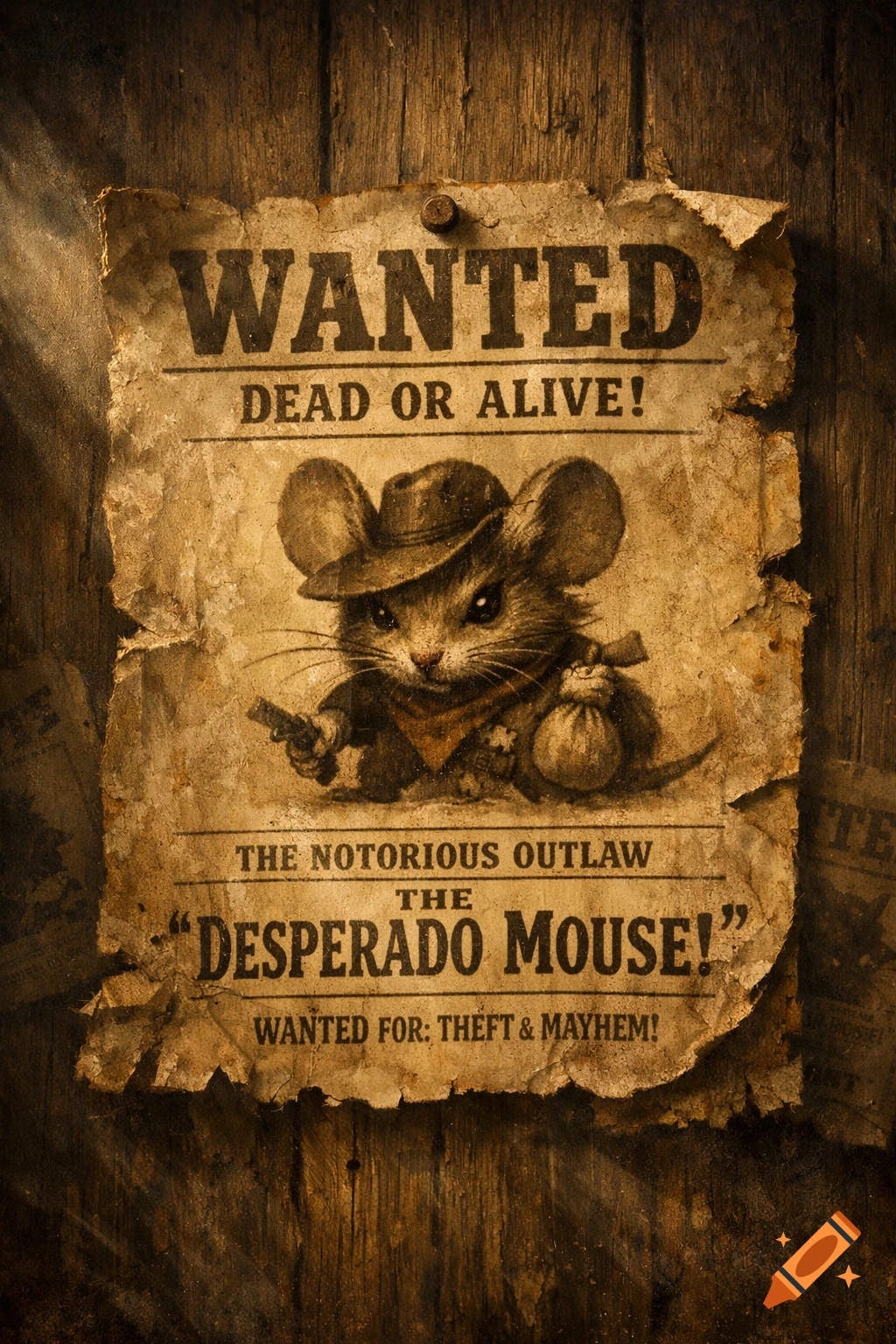 A vintage-style wanted poster shows an adorable mouse in a cowboy hat, holding a tiny gun and a sack of loot, against a wooden wall.