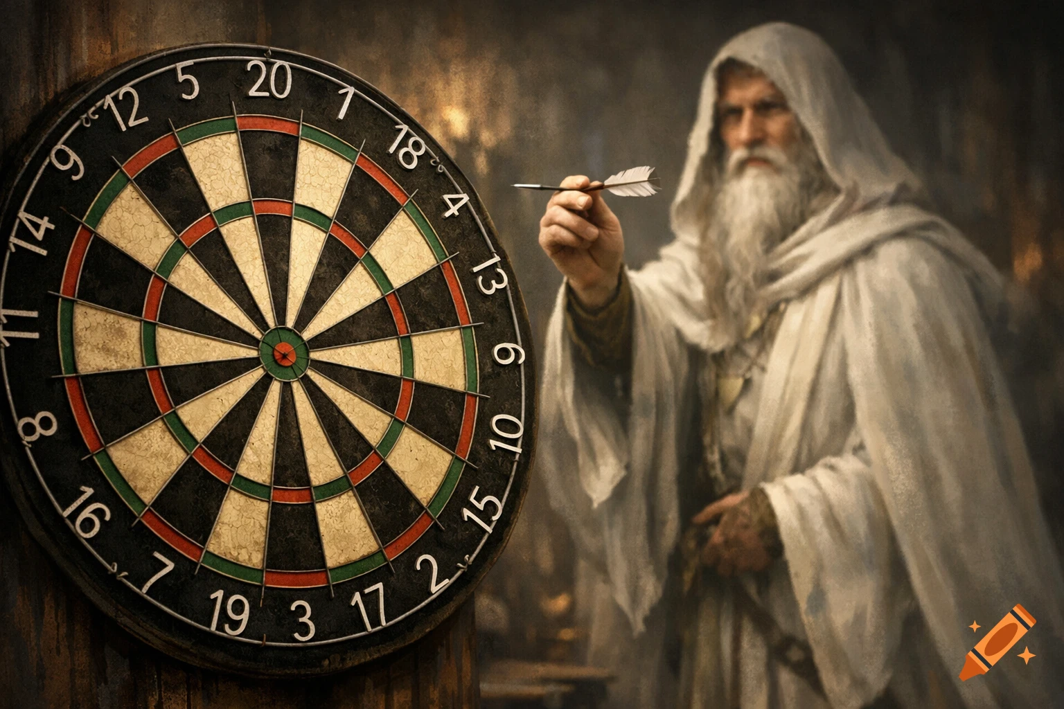 A wizard in a white hooded cloak holds a dart, preparing to throw it at a dartboard in a dimly lit room.