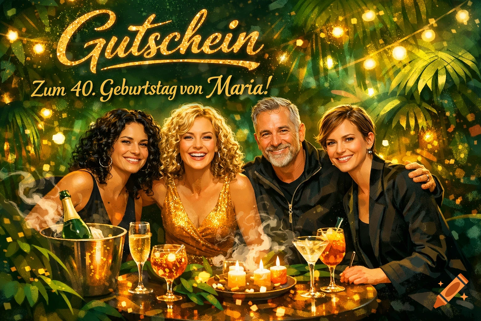 An illustrative birthday voucher with four smiling adults celebrating at a table with drinks and candles, surrounded by green foliage and string lights.