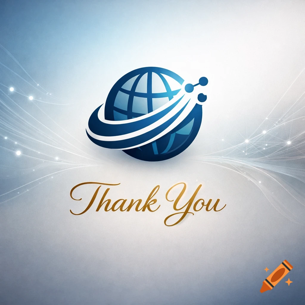 A blue and white globe logo with swooshes and dots above elegant gold text that reads 'Thank You' on an abstract light background.