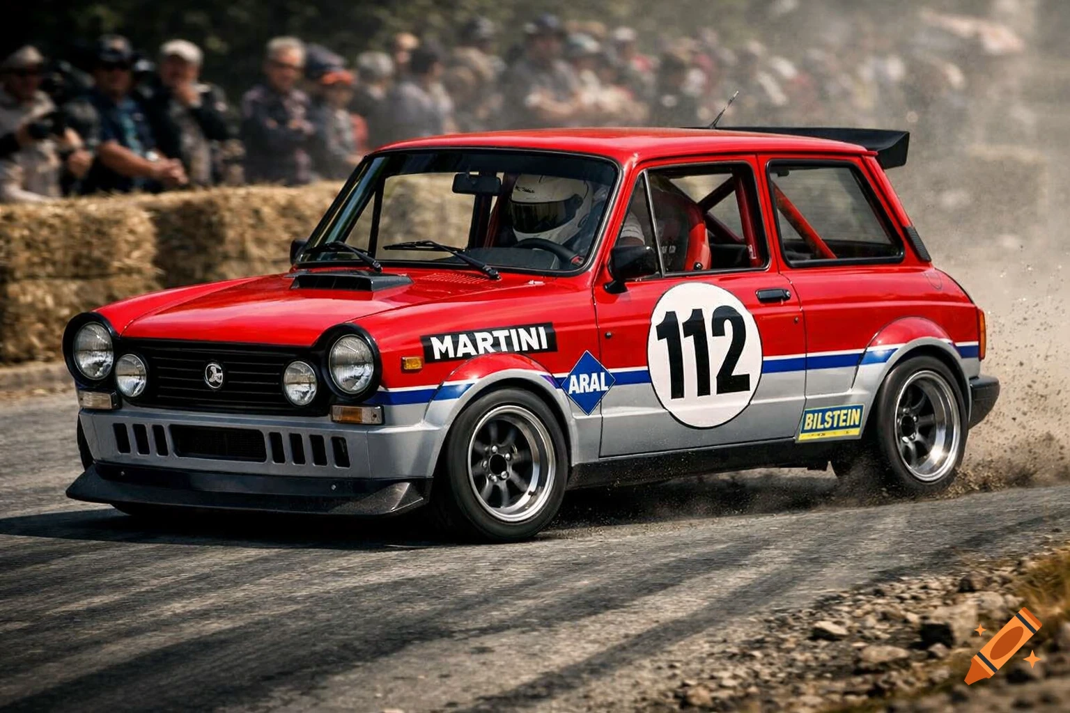 Red and grey Autobianchi A112 Abarth racing car with Martini, Aral, Bilstein sponsors and number 112, kicking up dust on a dirt track.