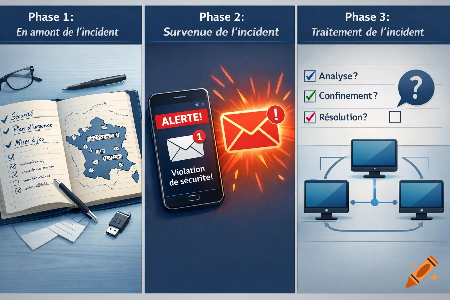 An infographic illustrating a three-phase cyber incident management process with text, a notebook, a smartphone, and connected computers.