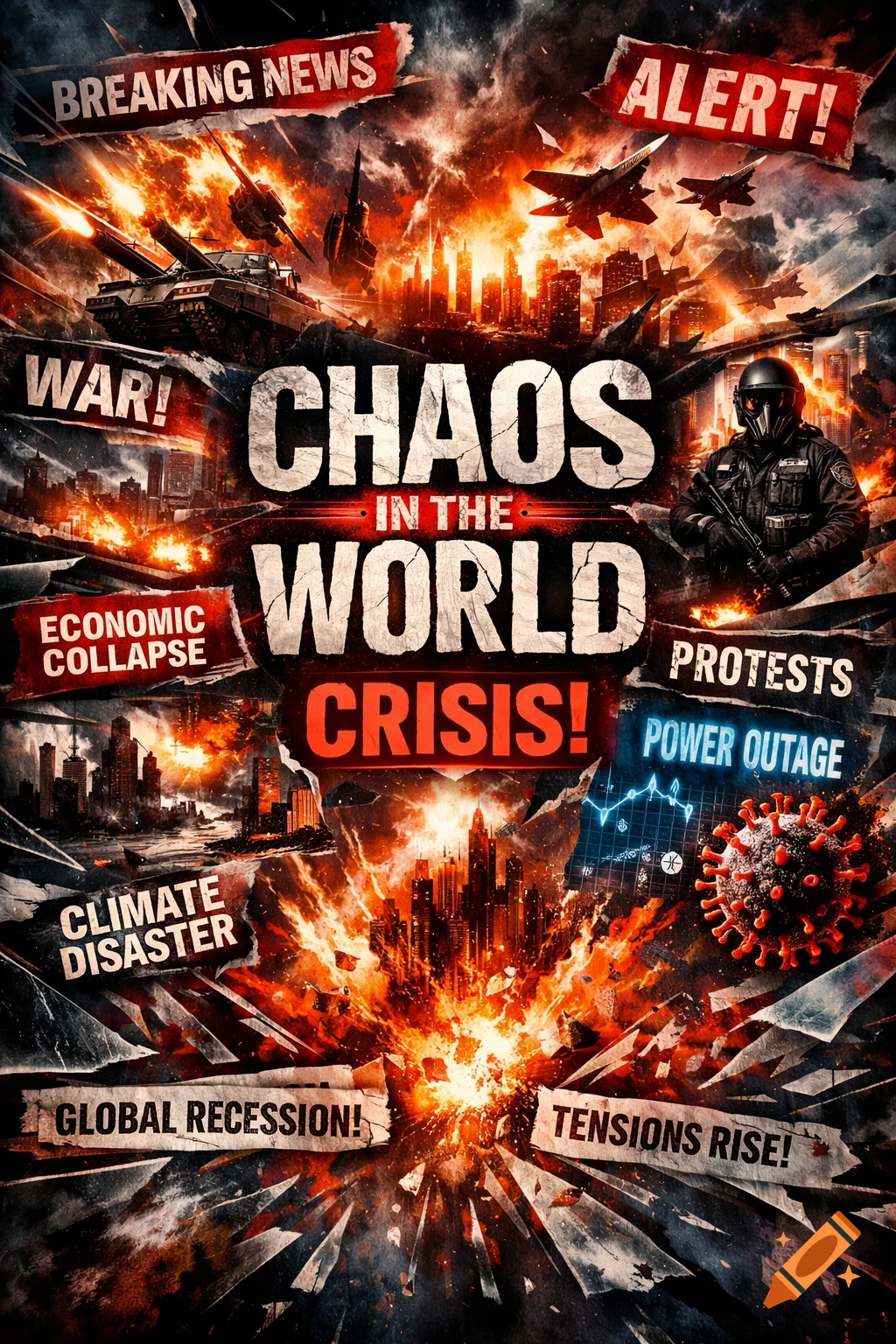 A chaotic movie poster collage showing global crises: war, economic collapse, climate disaster, protests, power outage, and a virus.
