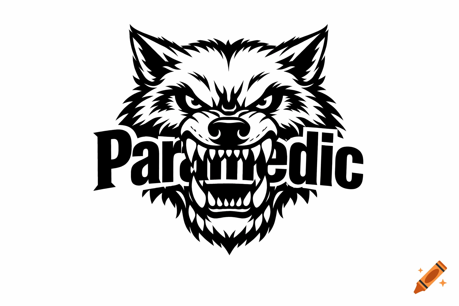 Black and white illustration of an angry wolf head biting the word 'Paramedic' with bared fangs.
