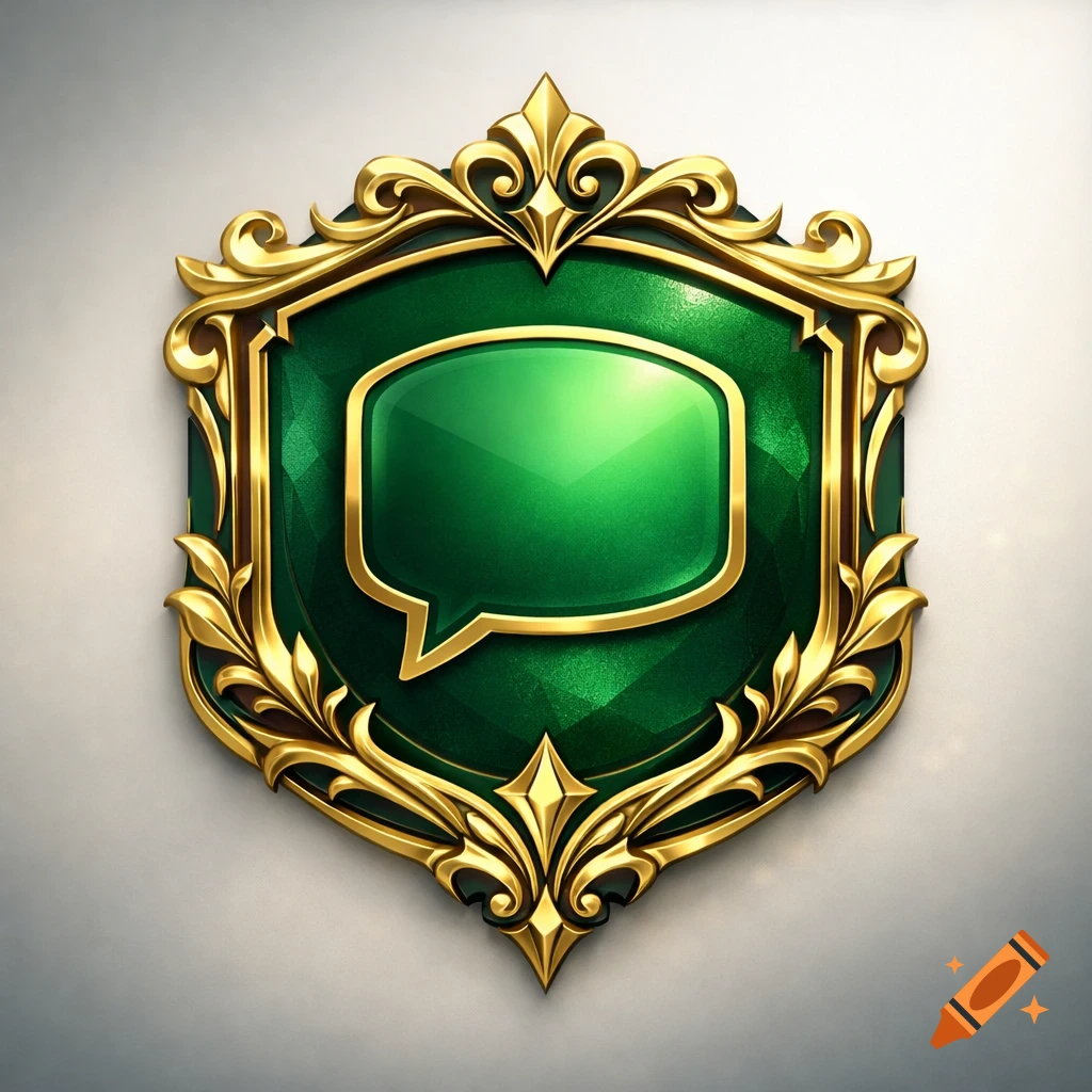 Ornate gold crest with a shimmering green chat bubble icon at its center, against a light background.