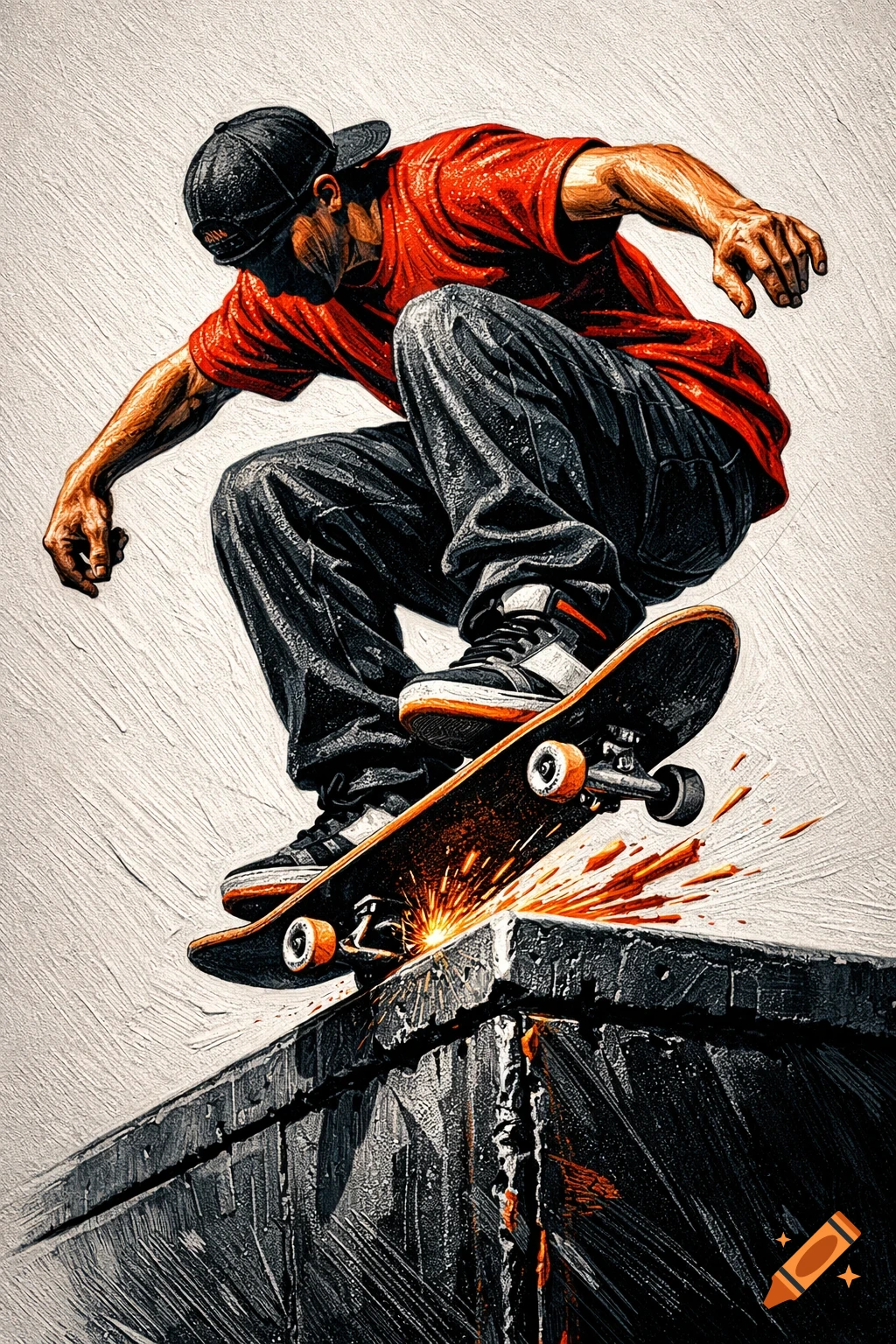 Graphic art of a skateboarder mid-trick, grinding a ledge with sparks, against a textured background.