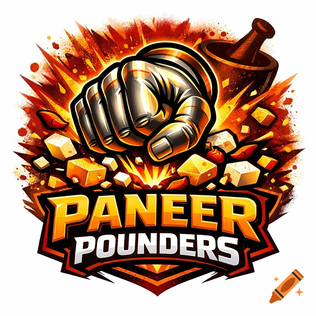 Stylized logo with a metallic fist smashing paneer cubes, a mortar, and text 'PANEER POUNDERS' against a fiery backdrop.