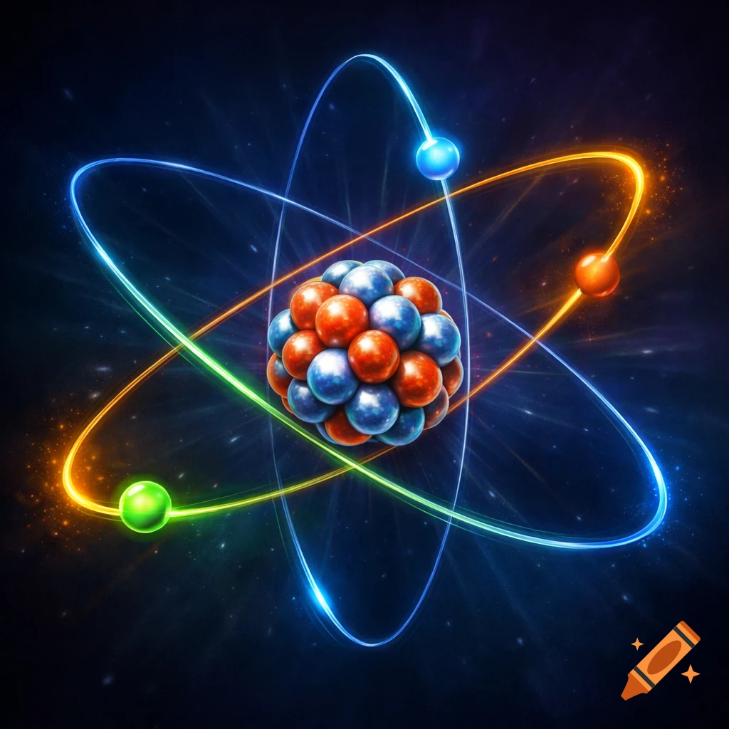 A vibrant, glowing conceptual model of an atom, with a dense nucleus and colorful, arcing electron orbits against a dark, starry background.