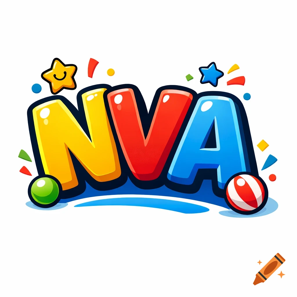 A colorful cartoon-style logo featuring the bold letters NVA, adorned with stars, confetti, and playful balls.