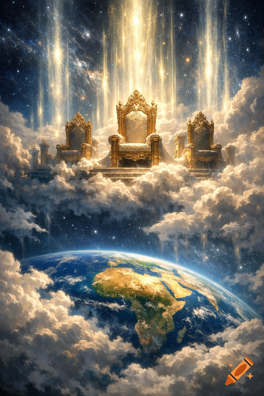 Three ornate golden thrones sit on majestic clouds under a starry sky with bright light columns, overlooking the Earth globe with Africa.