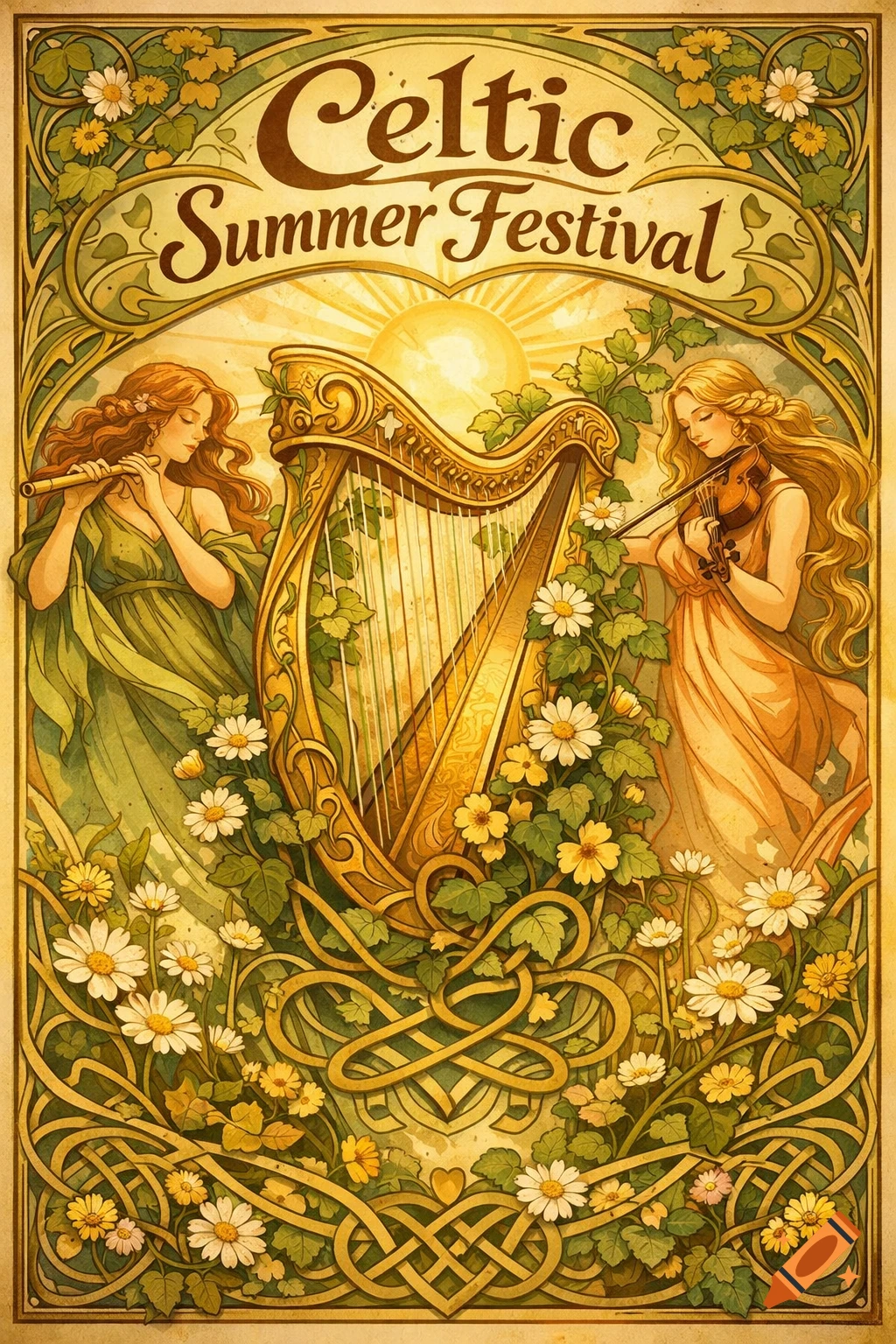 Art Nouveau poster for a Celtic Summer Festival, featuring two women playing flute and violin with a golden harp, surrounded by daisies and Celtic knotwork.