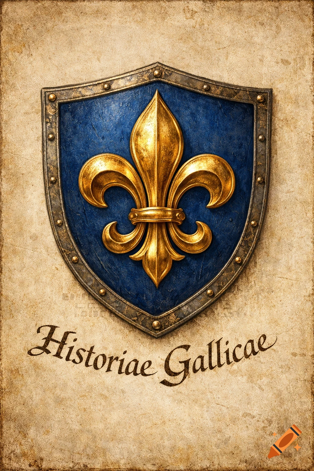 A gold fleur-de-lis on a blue heraldic shield, riveted to a weathered parchment background, with "Historiae Gallicae" text below.