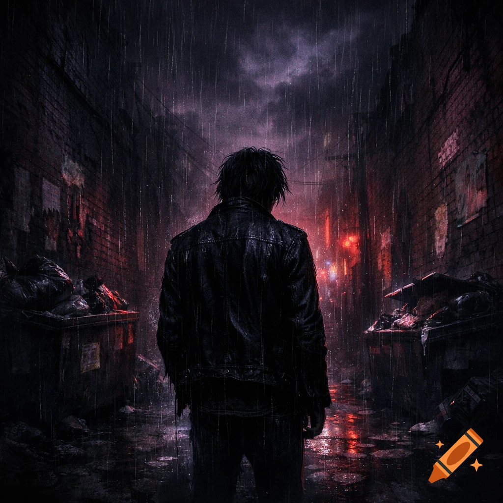 A lone figure in a dark leather jacket stands in a rainy, narrow urban alley filled with garbage, looking towards distant blurry red lights.