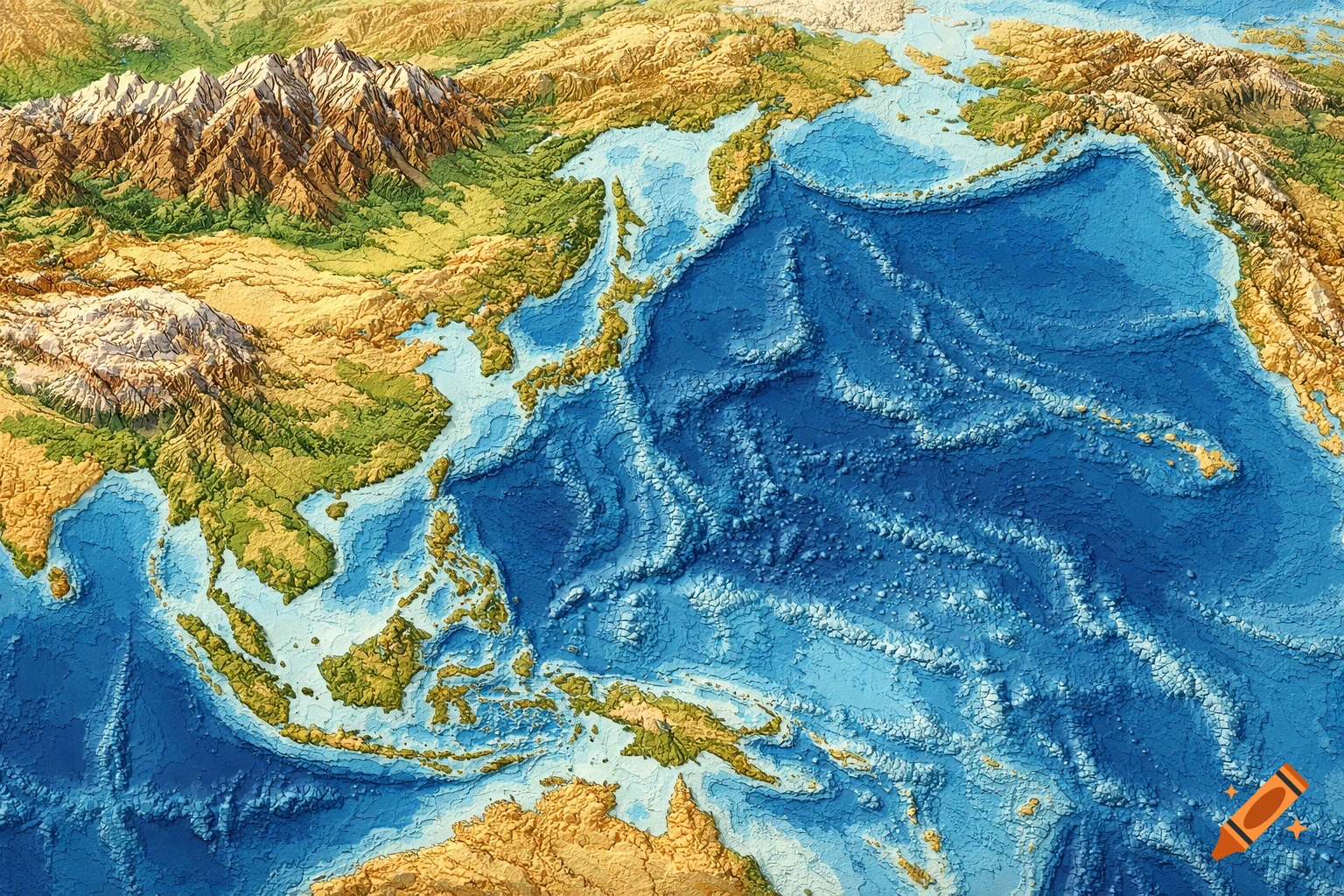 A colorful, detailed relief map showing the varied topography of land and ocean floor, featuring Asia and the Pacific.