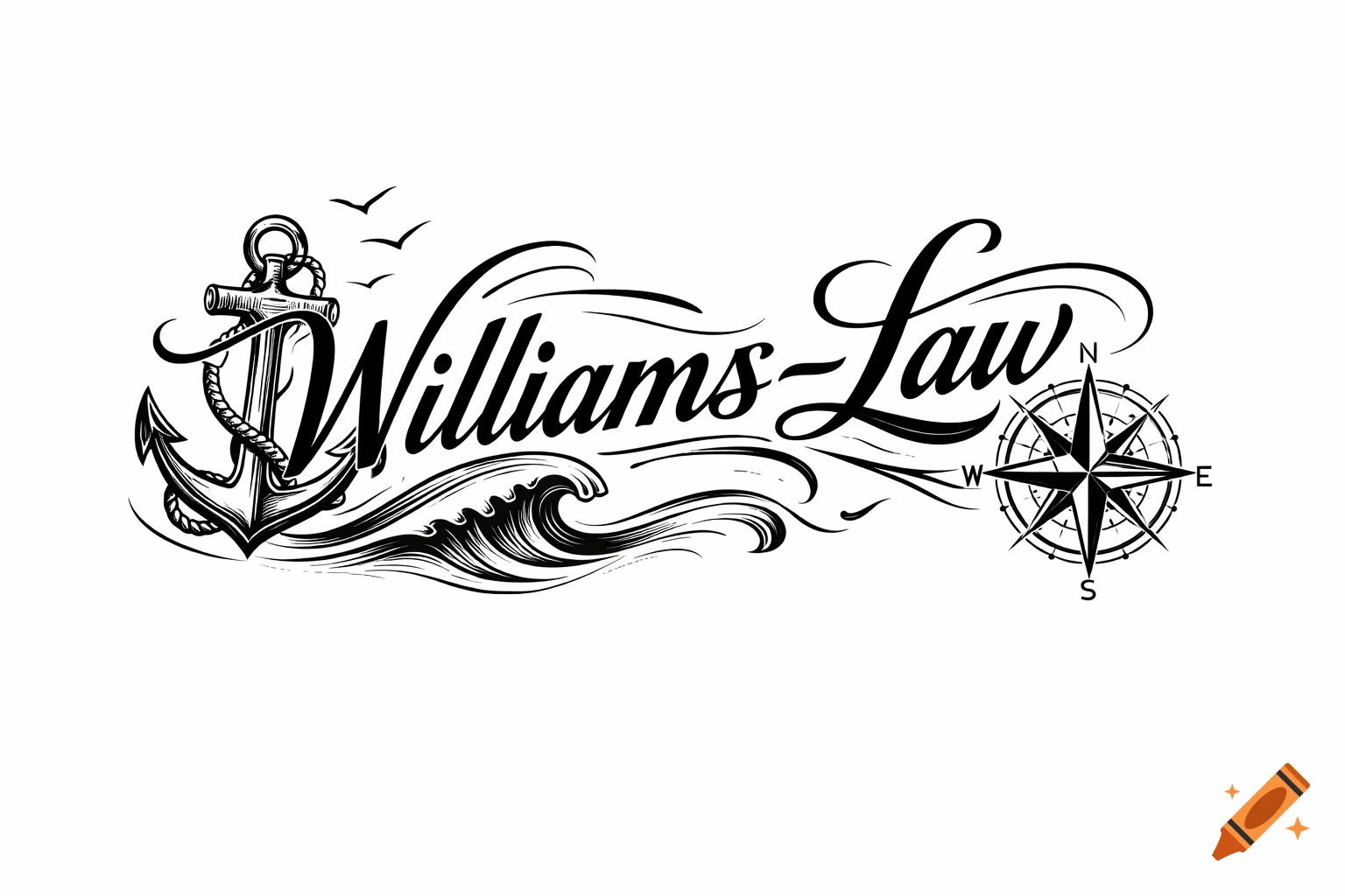 Black and white tattoo-style logo featuring 'Williams-Law' text, an anchor, ocean waves, and a compass rose.