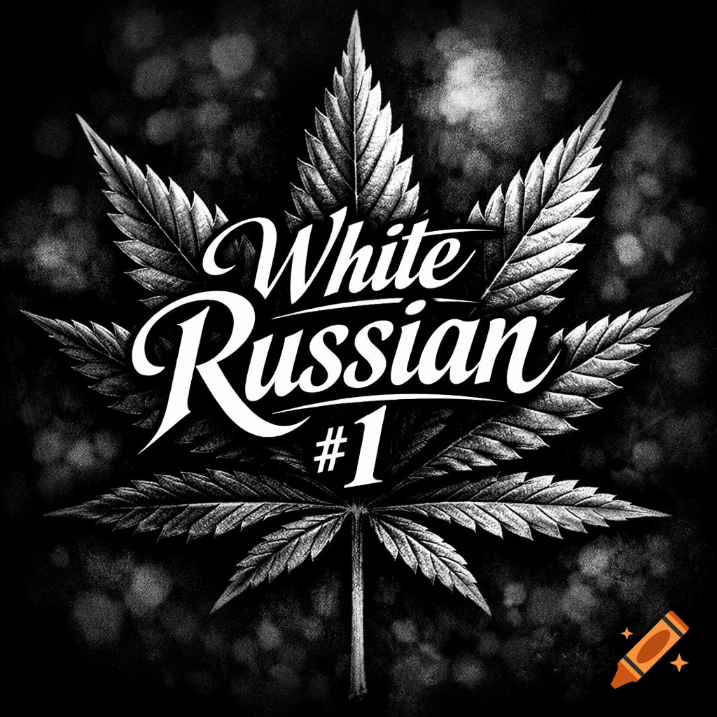 Stylized black and white image of a cannabis leaf with the text 'White Russian #1' in a script font.