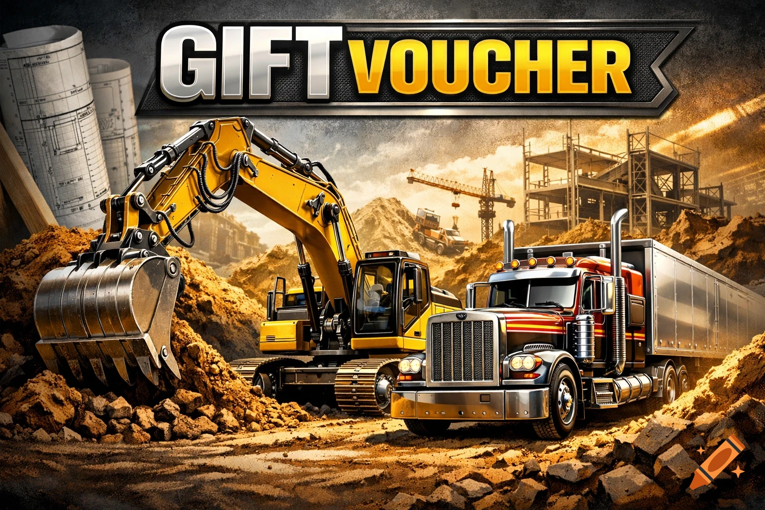 A vibrant image of a yellow excavator and a red semi-truck on a construction site, with 'GIFT VOUCHER' at the top.