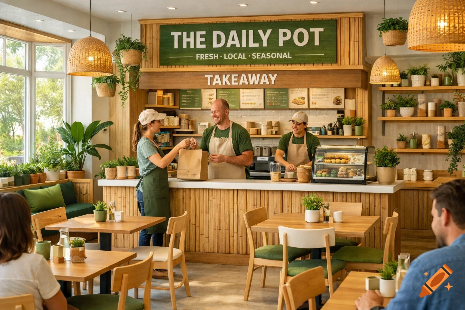 A bright, eco-friendly cafe with wooden tables, bamboo decor, and lush plants. Staff members serve customers at a counter labeled 'The Daily Pot'.